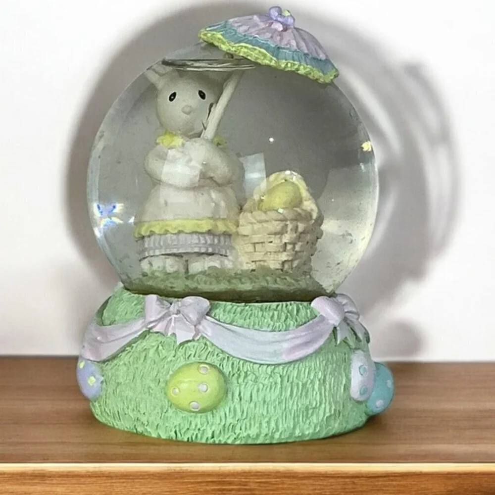 Snow Globe Vintage Easter Bunny Umbrella Spring Water Glitter Globe Pastel 1990